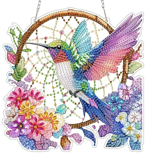 Diamond Painting Pendente, Colibrì colorato con acchiappasogni, Decorazione da Appendere in Pannello Acrilico per Porta, Finestra o Giardino, con Catena, Arte Fai da te con Strass, Fiori che sbocciano