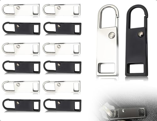 Emezddo 12 Repuestos de Cremallera, Tiradores de Cremallera Desmontables de Aleación, Kit de Reparación para Jeans, Ropa, Carteras, Mochilas y Equipaje (Plateado, Negro)