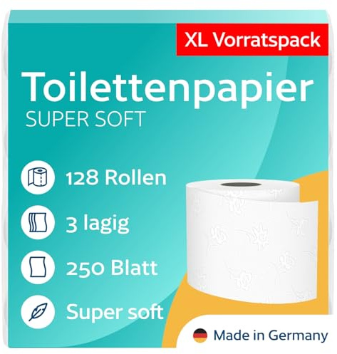 128 Rollen Toilettenpapier 3-lagig – 250 Blatt pro Rolle – 100% Zellstoff – Made in Germany – 16 x 8 Stück - für Zuhause, Gewerbe, Industrie, Hotels, Gastronomie