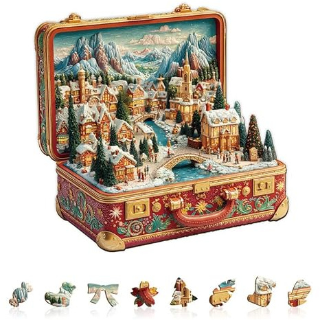 Jigfoxy Holzpuzzles für Erwachsene, 260-teiliges Weihnachtskoffer-Landschaftspuzzle, einzigartiges tierförmiges Puzzle für Erwachsene und Jugendliche, kreatives Geschenk mit Premium-Holzbox, 34 x 33