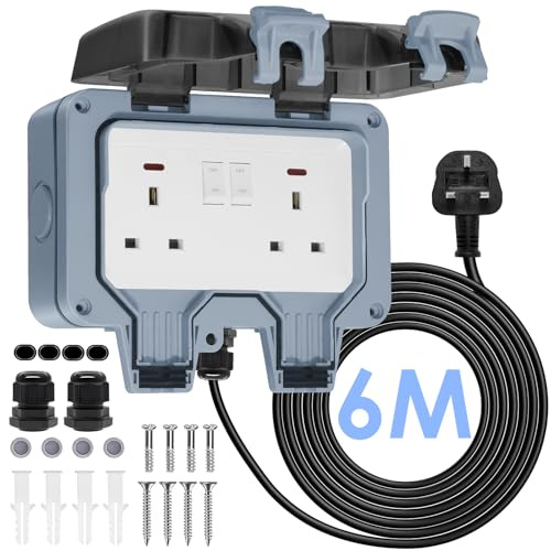 BSEED 6M Cable Outdoor Double Socket IP66 Waterproof 13Amp, Weatherproof Outdoor Double Switched Power Wall Socket with LED Indicator, for Garden, Patio, Yard, RV, Camping, Grey