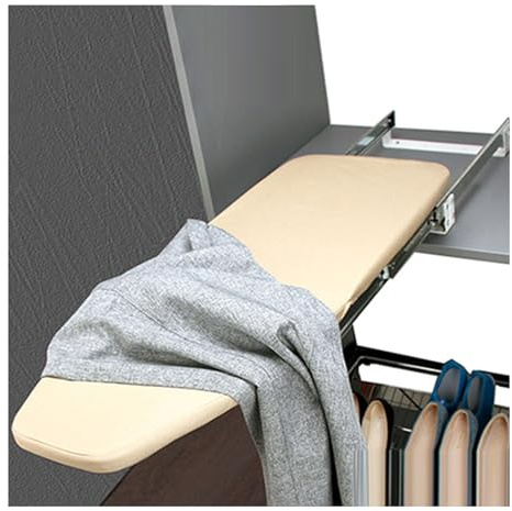 Tabla de planchar extraíble que ahorra espacio con riel deslizante amortiguador, fácil instalación, diseño oculto para gabinete, perfecto para espacios pequeños y color elegante 1