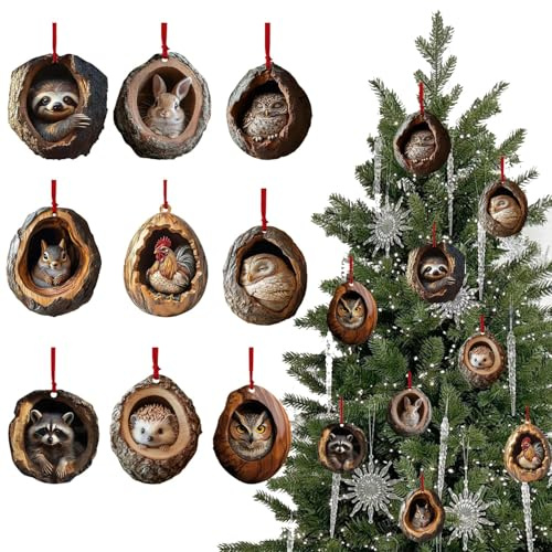 Ornamenti Natalizi, 9 PCS Ornamenti Natalizi con Animali, Addobbi Albero Natale, 2D Animal Christmas Ornaments, con Procione, Gufo, Coniglio, Riccio...per la Decorazione Dell'albero di Natale (A)