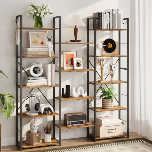 DSNAPE 5-Tier Industrial Bookshelf, Large Tall Open Metal Storage Shelf, Vintage Farmhouse Bookcase with 14 Adjustable Shelving Unit for Living Room, Bedroom, Home Office, Plant Shelf, Rustic Brown