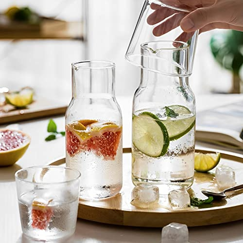 2Set Glass Bedside Water Carafe and Glass Set, 550ml Juice Pitcher, Heat Resistant Water Jugs with Lids, Mouthwash Bottle for Nightstand, Kitchen, Bedroom & Bathroom (Transparent 2Set)