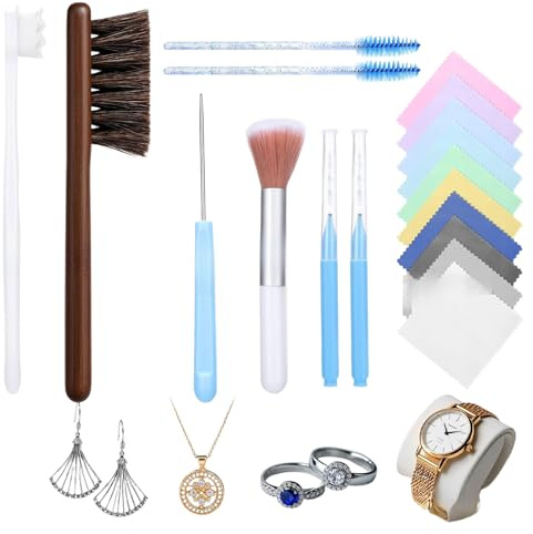 Juego de cepillos de limpieza de joyas, cepillo suave para pendientes, cepillo para grietas de agujero pequeño, limpiador de joyas portátil para plata de ley, oro, correas de reloj, anillos, collares