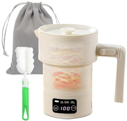 Faltbarer Wasserkocher 0.6L, Mini Camping Reisewasserkocher, Tragbarer Klein, Schnelles Erhitzen in 4–6 Min, Wasserkocher Faltbar mit Aufbewahrungsbeutel & Bürste