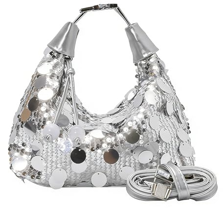 Uwiyo Damen Clutch Glitzer, Damen Clutch Pailletten Elegant Abendtasche Handtasche Brauttasche Pailetten Tasche Clutch Bag Umhängetasche mit Abnehmbarer Schultergurt für Party Hochzeit Date (Silber)