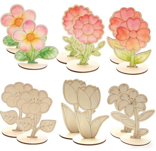 24 Stück Holzblumen, Blumen Holzscheiben Mit Stiel und Sockel, Holzanhänger zum Bemalen, Unbehandelte Holz Blumen für DIY Handwerk Gravur Malen Dekoration, 6 Blumenstile (Holz 1)