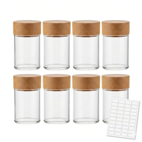 HYX 8 Pack Glass Shot Bottles with Bamboo Lids - 60ml Borosilicate Glass Ginger Shot Bottles, Airtight Leak-proof Storage Jars with Labels & Cleaning Brush, Reusable Wellness Juice Bottles