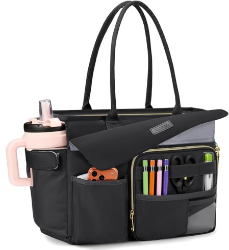 RAINSMORE Lehrertasche Damen mit Lunchfach 15,6 Zoll Laptoptasche Groß Isoliertes Fach Wasserdicht Arbeitstasche für Büro Uni Reisen Shopper Handtasche Schwarz