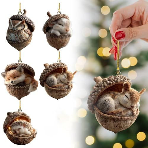 6 Stück Waldtier Eichel Ornamente aus Acryl, 2D Flache Waldtiere Anhänger für Weihnachtsbaum, Weihnachten Acryl Tier Deko, Christbaumschmuck Tiere, Tier-Weihnachtsschmuck für Wohnzimmer & Schlafzimmer