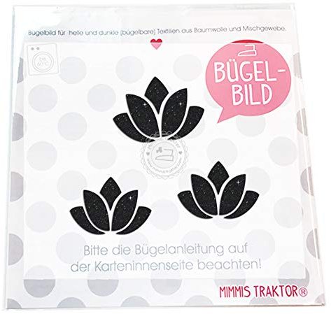 GLITZER Bügelbild 3 Stk Lotusblüten 4,5 cm Yoga Aufbügler Applikationen Bügelsticker für Stoffe Textilien Kinder zum Aufbügeln Flicken, Farbe:Glitzer schwarz