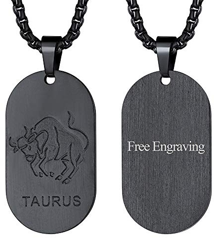 FaithHeart Collier avec Prénom Personnalisable,Pendentif Noir Zodiaque Taureau Acier Inoxydable avec Chaîne 60cm,Bijoux Signe Astrologique Plaque Militaire Idée Cadeau Personnalisé Homme Femme Garçon