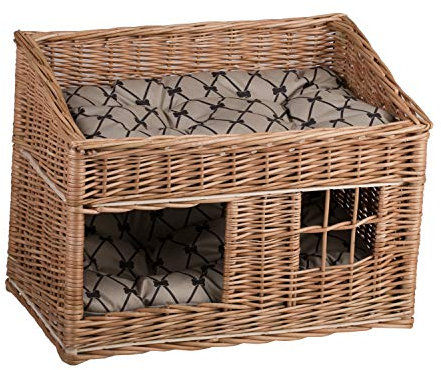 e-wicker24 Rechteckige Katzenhütte in Naturfarbe, Katzenkorb aus Weide, Korb für die Katze mit Zwei Etagen, Katzenlager mit Kissen und Fenster (Natur, Beige)