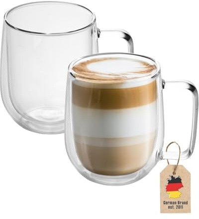 Intirilife 2X Set de Verres Thermo à Double paroi -150-200ml- soufflés à la Bouche et isolés pour Espresso Cappuccino, Verres à thé Verres à café Tasses à Latte, Effet de lévitation avec Anse