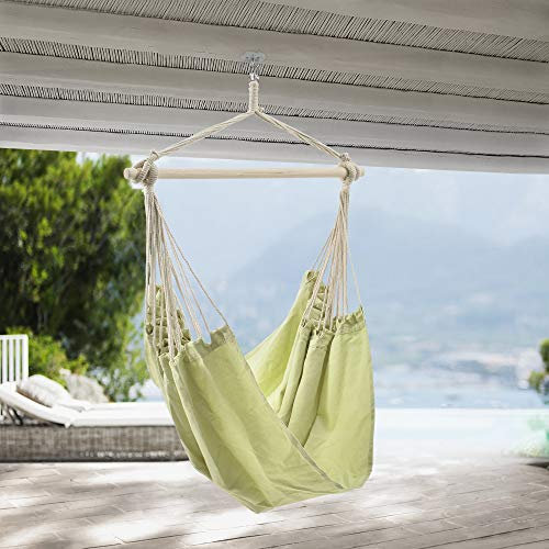 casa.pro Sedia Amaca Sospesa Girevole 360° con Barra in Legno e Tessuto Resistente Poltrona Pensile per Interno Esterno Portata 150 kg - Color Cammello