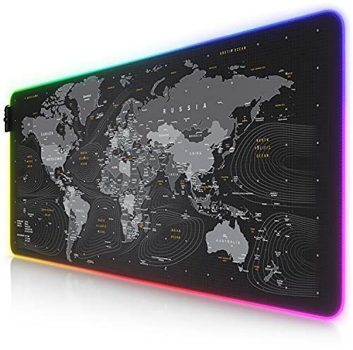 CSL-Computer – XXL RGB Gaming Mauspad – LED Schreibtischunterlage – 900 x 400 mm Übergröße – XXL Mauspad – Multi Color – 11 Beleuchtungsmodi – 7 LED-Farben Plus 4 Effektmodi – waschbar – Weltkarte