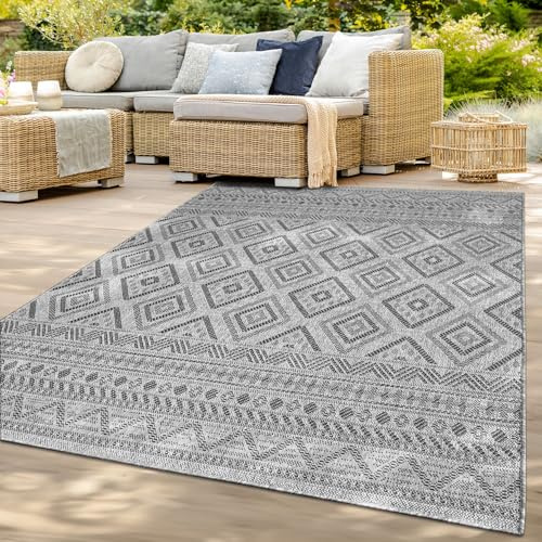 TT Home In-& Outdoor Teppich Wetterfest Balkon Küche Wohnzimmer Boho Rauten Design, Farbe: Dunkelgrau, Größe:80x250 cm