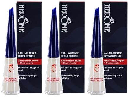 Herome 3-pack nagelhärdare extra stark (Nail Hardener Extra Strong) – nagelförstärkare garanterat fasta naglar, redan efter åtta dagar är de första resultaten märkbara. - 3 x 10 ml. | Mot torrhet och grovhet, vitamin C & E revitalisera, selleri fröextrakt, för spruckna naglar