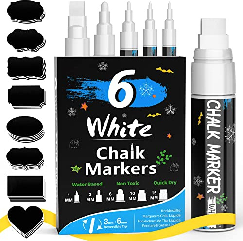 AOSUCO White Chalk Pens, 6 pack-1, 3, 6, 10, 15mm, 5 Different Fine and Jumbo Tips of Liquid Chalk Pens Chalk Markers, Dry & Wet Erase Window Pens