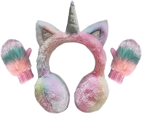 Gifts Treat Girls Earmuffs and Mittens Set Kids Unicorn Ear Muffs and Knitted Gloves Set in Colorful Plush Design, 2P-Color Unicorn, 3-6Y