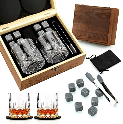 Sovyime Set regalo per whisky da uomo, set di 2 bicchieri da whisky con 8 pietre refrigeranti per whisky Scotch Bourbon in scatola di legno Set regalo per whisky, regalo di Natale/compleanno per papà