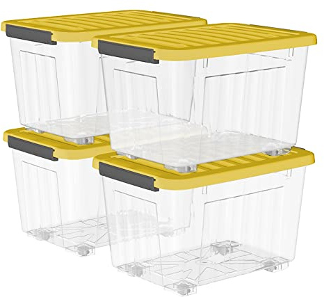 Cetomo 80L*4 Cajas de Almacenamiento con Tapas, Contenedores de Plástico con Ruedas, Clip On, Apilables, Encajables, Organizador Rayado para Oficina en Casa, Amarillo & Claro, 80L-4 Pack