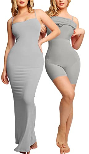 Popilush Formal Dresses Gray Maxi Summer Dress Built in Bra Shapewear Tummy Control Bodycon Ribbed Spaghetti Strap Slip Long Party Going Out