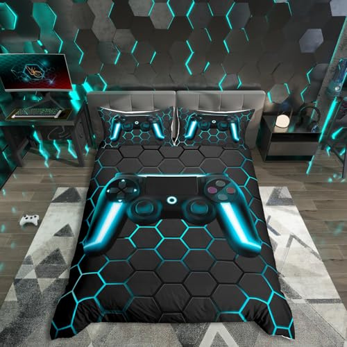 Ensembles de Literie Gamer 140x200 pour Garçons,Housse de Couette Gaming Enfants Housse Couette Jeux Vidéo,Parure de Lit Manette de Jeu Géométrique Nid D'Abeille pour La Chambre Des Adolescents