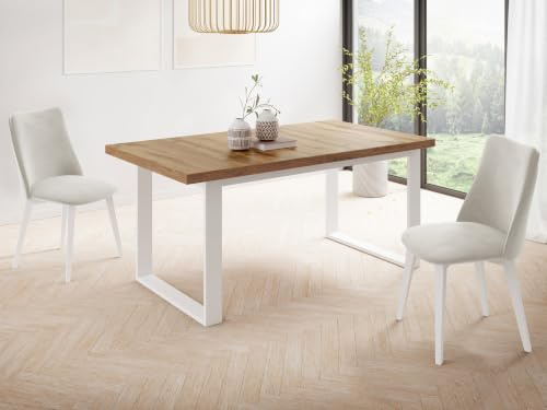 WFL GROUP Rechteckiger Loft Esstisch Für Wohnzimmer - Loft Stil Industriell Esstisch Mit Weißen Metallfüßen - Ausziehbarer von 160 cm bis 240 cm - Made in EU - Wotan Eiche
