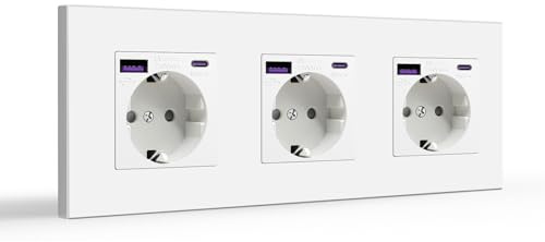 BSEED Enchufe pared, 16A 250V Schuko Enchufe Simple on Panel de Plastico, 3 Gang con 20W USB/Type C, Blanco