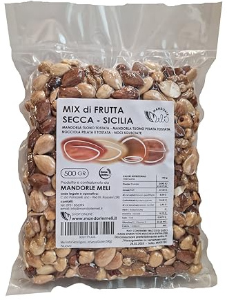 Mix Frutta Secca Sgusciata Siciliana - Mandorle Tostate, Mandorle Tostate Pelate, Nocciole Tostate e Noci - Fonte di Vitamine e Fibre Senza Glutine (500g)
