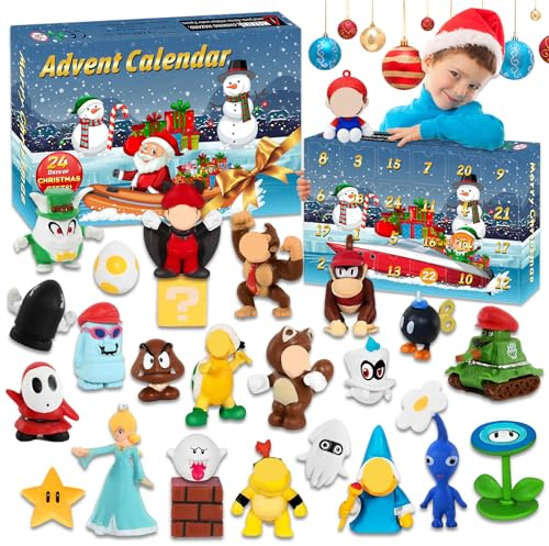 Super Bros Calendario de Adviento 2026,Calendario de Adviento Infantil Super Bro con 24 Mini Figuras de Super Bros Decoración de Tartas para 1 2 3 4 5 6 7 8 9 10 12 Años Niños Niñas