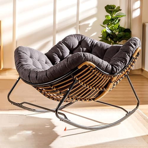 HARELA Schaukelstuhl für den Außenbereich, Rattan-Schaukelstuhl für den Innenbereich, bequemes Lesesessel-Set mit übergroßem Kissen, für Veranda, Lounge, Rasen, Schlafzimmer, moderner Lounge-Sessel