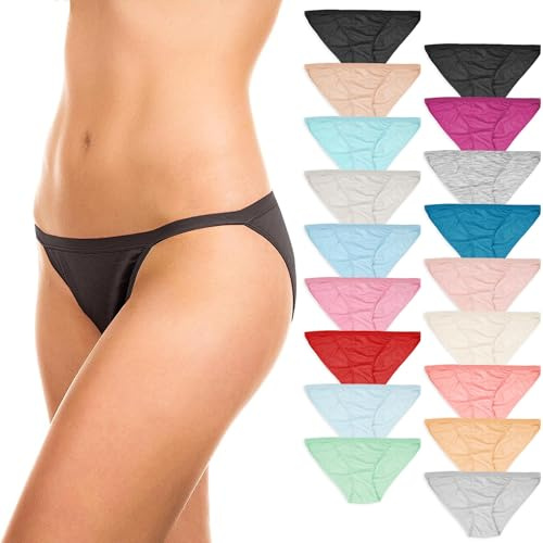 Sexy Basics Womens 12 Pack & 18 Pack String Bikini Briefs | 100% Cotton, 18 Pack -Assorted Soild Color, 5