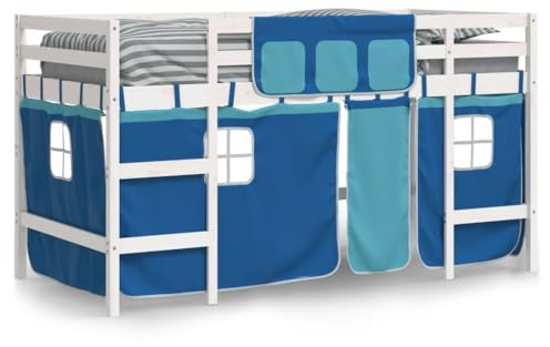 vidaXL Kinderhochbett, Hochbett mit Leiter Vorhängen, Spielbett Bett für Kinder ab 6 Jahren, Kinderbett Etagenbett Stockbett, Blau 90x200cm Massivholz Kiefer