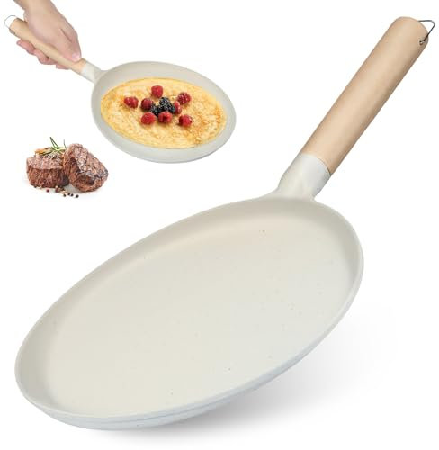 Littleduckling Non Stick Pancake Pan Crepe Dosa Tawa Chapati Pan with Wood Handle for Stove Top Induction 23cm Die-cast Iron Crepe Maker Flat Griddle Pan Lightweight Breakfast Kitchen Cookware