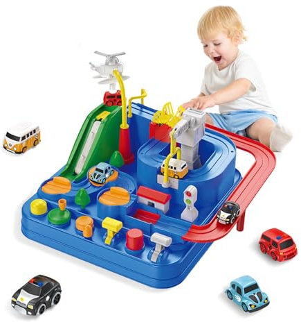 BASAMOU Auto Spielzeug Rennstrecken ab 3 4 5 6 Jahre Jungen Mädchen, Track Cars Spielzeug, Abenteuer Autopark enthält 4 Spielzeugautos, Geschenk für Jungen Kinder (6 Tasten)