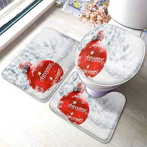 Set 3 Teilig Badvorleger Rote Christbaumkugel Mit Den Worten „Frohe Weihnachten“ Auf Einem Bett Aus Schnee Badgarnitur Badematten Weiche Langlebige rutschfeste Fußmatte Set, Für Badewanne