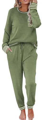 Ekouaer Pigiama Lungo da Donna in Due Pezzi Girocollo Indumenti da Notte Pigiama Invernale Morbido Pigiama per Il Tempo Libero Completo da Notte per Donna Pigiama Lounge Set Verde Militare XXL