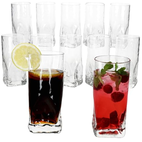 MamboCat Frosty Lot de 12 verres à long drink - 400 ml - Pour 12 personnes - Verre haut avec fond lourd et relief de glace pour eau, jus, cocktails, etc.