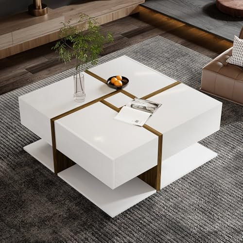 I0I&I0I Quadratischer Couchtisch mit 4 Schubladen und Einzigartigem Farbmuster - Stauraum und Stil in Einem! (Weiß und Holzfarbe)