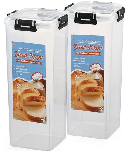 AOZITA 2 Pack Bread Box with Airtight Lid, Fresh Bread Storage Container, Bread Loaf Storage Dispenser, Plastic Sandwich Bread Keeper, Black Lid