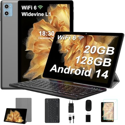 SUAAT Tablette Android 14,20Go RAM 128Go ROM(TF 2TB) 10 Pouces avec WiFi 6, Octa-Core, Gdmini AI, GMS Certified, Widevine L1, Bluetooth 5.0, Tablette Tactile avec Clavier| Souris| Etui -Gris