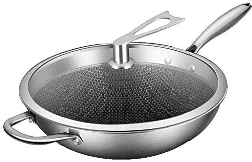 Olla, Sartén, Wok Acero Inoxidable, con Tapa Cristal Sartén Multiusos Antiadherente Acero Inoxidable 30Cm