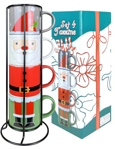 IlGruppone Set 4 Tazzine da caffè con Supporto Fantasia Natale in Porcellana New Bone Tazza Natalizia Idea Regalo Si Lavastoviglie Microonde - Dis1-BabboNatale
