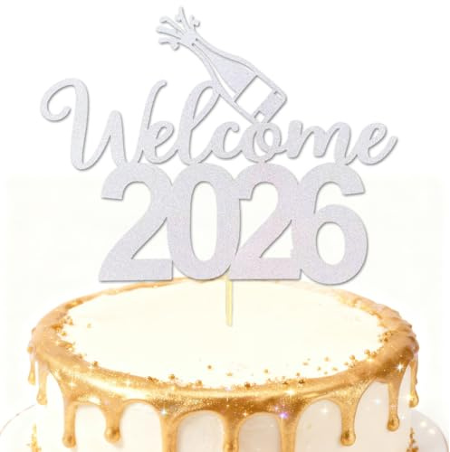Välkommen 2025 nyårskakdekoration, silverglitter, gott nytt år, hej 2025, skrev till 2025, tårtspett för nyårsafton, jul, glad semester, festdekorationer