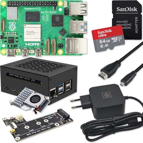 Raspberry Pi 5 8 GB PCIe M.2 NVMe - Kit | alloggiamento in metallo | cooler attivo | scheda M.2 NVMe SSD PCIe | alimentatore USB-C 27 W | scheda SD 64 GB | cavo micro HDMI 4K
