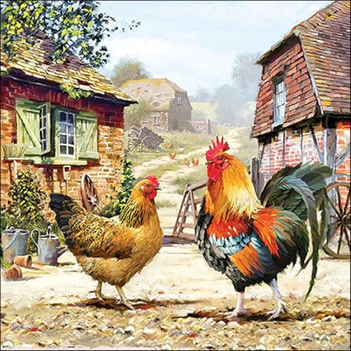20 Servietten Tiere Hahn und Henne auf Bauernhof als Tischdeko. Papierservietten mit Motiv. Auch für Decoupage und Serviettentechnik 33x33cm